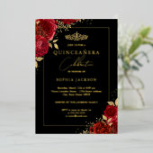 Elegant Red Gold Floral Tiara Quinceanera Folieneinladung (Stehend vorne)