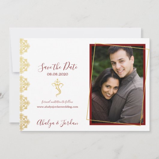 Elegant Red & Gold Ganesha & Mehndi Save the Date (Vorderseite)