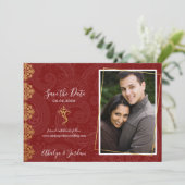 Elegant Red & Gold Ganesha & Mehndi Save the Date (Stehend Vorderseite)