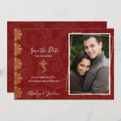 Elegant Red & Gold Ganesha & Mehndi Save the Date (Vorne/Hinten)