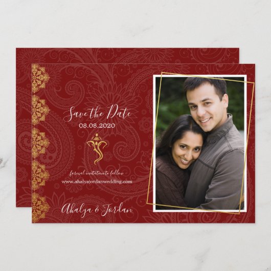 Elegant Red & Gold Ganesha & Mehndi Save the Date (Vorne/Hinten)