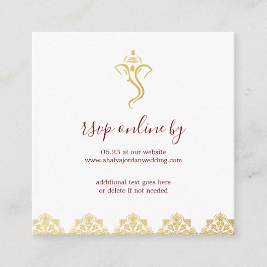 Elegant Red & Gold Ganesha & Mehndi Wedding RSVP Begleitkarte (Vorderseite)