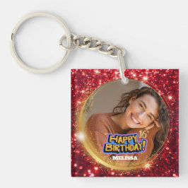 Elegant Red & Gold Glitter Photo 16th Birthday Schlüsselanhänger