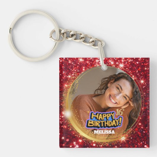 Elegant Red & Gold Glitter Photo 16th Birthday Schlüsselanhänger (Vorderseite)