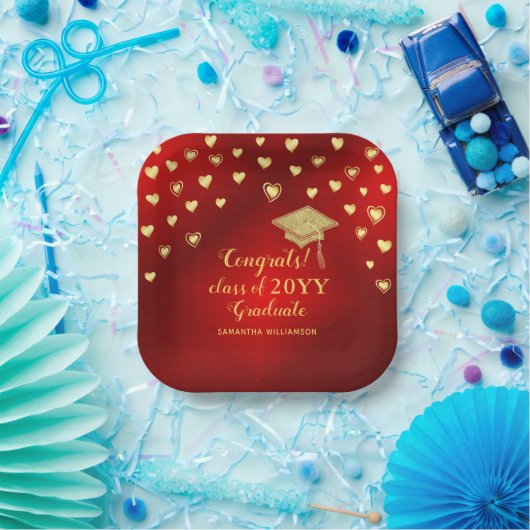 Elegant Red Gold Glückwunschs Class of 2025 Gradua Pappteller (Party)