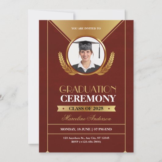 Elegant Red Gold Graduation Ceremony Invite (Vorderseite)