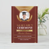 Elegant Red Gold Graduation Ceremony Invite (Stehend Vorderseite)