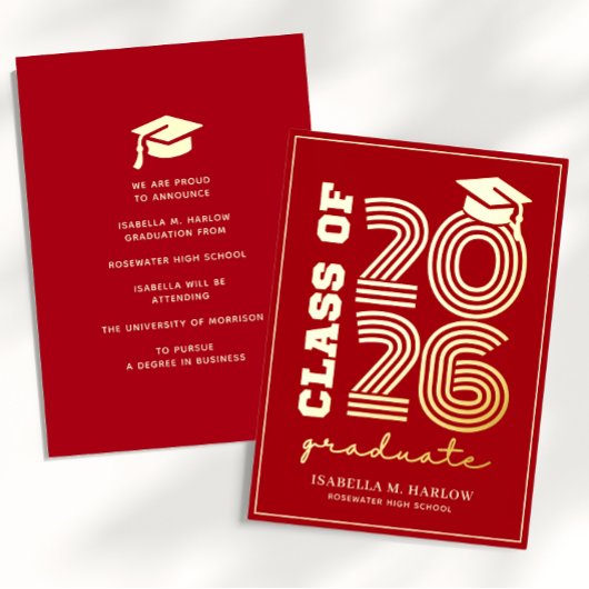 Elegant Red Gold Graduation YY Announcement Folieneinladung