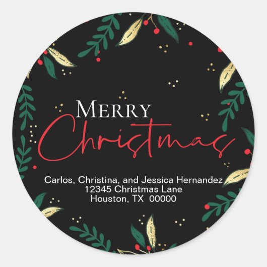 Elegant Red Gold Greenery auf Black Merry Christma Runder Aufkleber (Vorderseite)