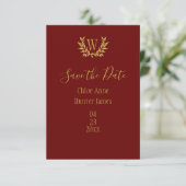 Elegant Red Gold Leaf Monogram Minimalistisch Save The Date (Stehend Vorderseite)