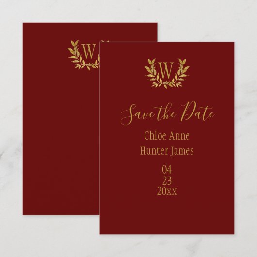 Elegant Red Gold Leaf Monogram Minimalistisch Save The Date (Vorne/Hinten)