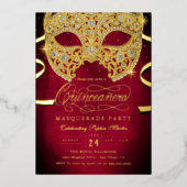 Elegant Red Gold Masquerade Quinceanera Folieneinladung (Vorderseite)