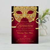 Elegant Red Gold Masquerade Quinceanera Folieneinladung (Stehend vorne)