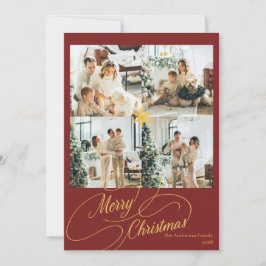 Elegant Red & Gold Merry Christmas Family Photo -  Feiertagskarte