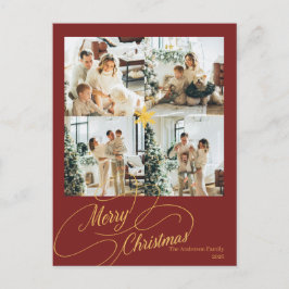 Elegant Red & Gold Merry Christmas Family Photo -  Feiertagspostkarte