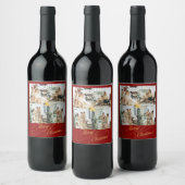 Elegant Red & Gold Merry Christmas Family Photo -  Weinetikett (Flaschen)