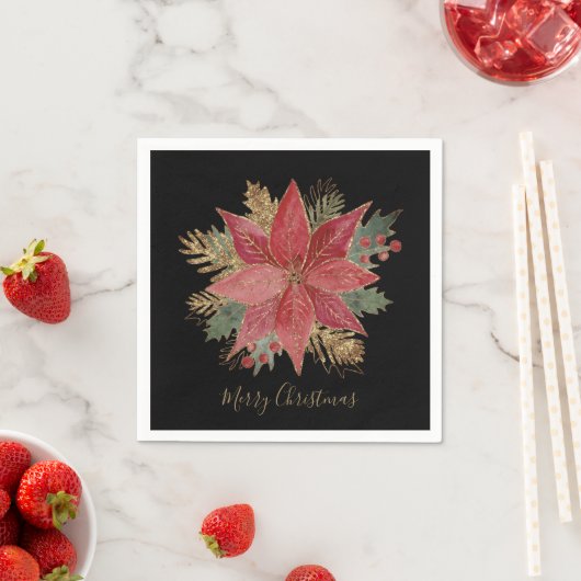 Elegant Red Gold Poinsettia Blume Frohe Weihnachte Serviette (Beispiel)
