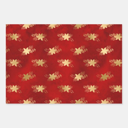 Elegant Red Gold Poinsettia Bouquet Weihnachten Geschenkpapier Set (Vorderseite)
