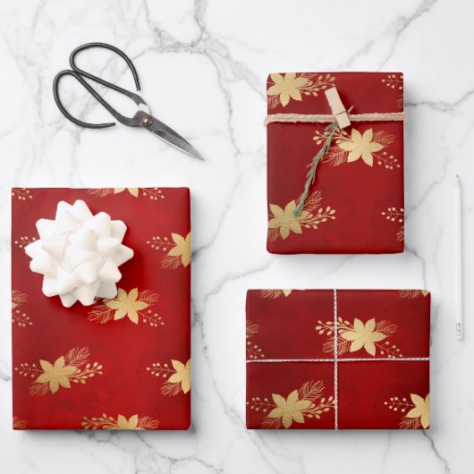 Elegant Red Gold Poinsettia Bouquet Weihnachten Geschenkpapier Set (Vorderseite)