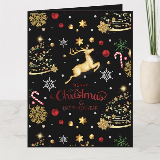 Elegant Red Gold Rentier Frohe Weihnachtsbaum Karte (Vorderseite)