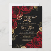 Elegant Red Gold Roses Birthday Party Einladung (Vorderseite)