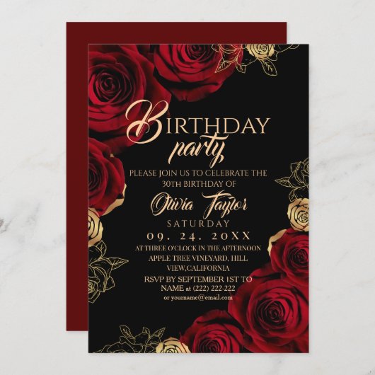 Elegant Red Gold Roses Birthday Party Einladung (Vorne/Hinten)