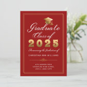 Elegant Red Gold Script Class of 2025 Abschluss Ankündigung (Stehend Vorderseite)