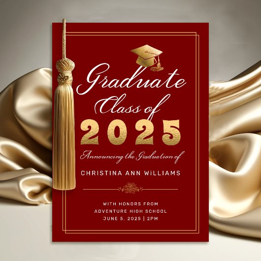 Elegant Red Gold Script Class of 2025 Graduate Ankündigung