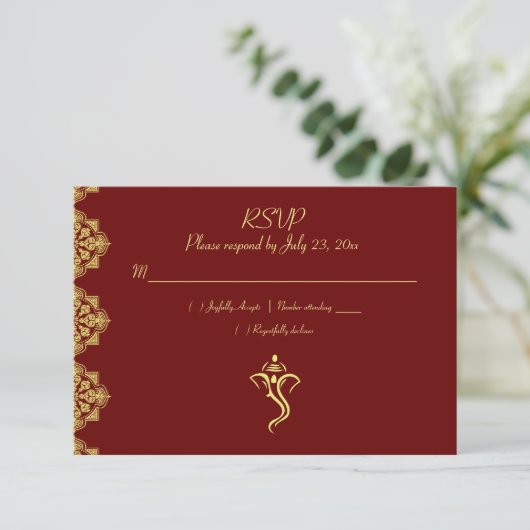Elegant Red & Gold Vinayaka Wedding RSVP (Stehend Vorderseite)