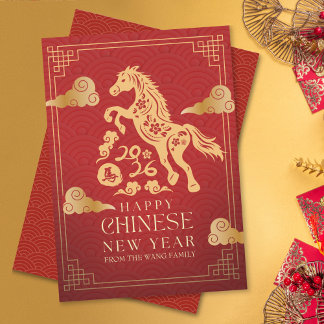Elegant Red Gold Year Of Horse Chinese New Year  Feiertagskarte