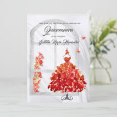 Elegant Red Gown & Butterflies Quinceañera Einladung (Stehend Vorderseite)