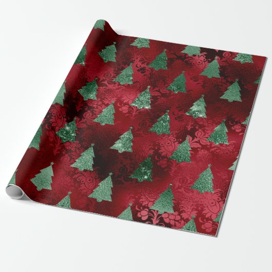 Elegant Red Green Christmas Trees Damask Geschenkpapier (Ungerollt)