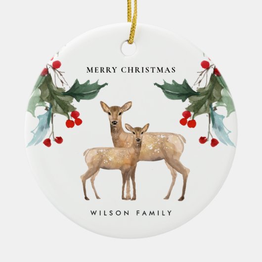 ELEGANT RED GREEN HOLLY BERRY DEER DUO CHRISTMAS KERAMIK ORNAMENT (Vorne)