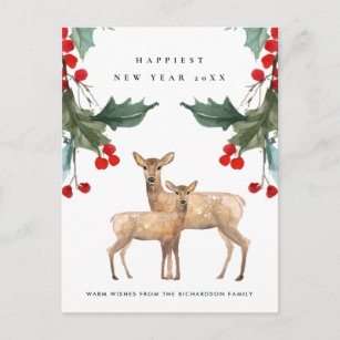 ELEGANT RED GREEN HOLLY BERRY DEER DUO NEW YEY POSTKARTE