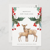 ELEGANT RED GREEN HOLLY BERRY DEER DUO NEW YEY POSTKARTE (Vorne/Hinten)