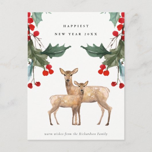 ELEGANT RED GREEN HOLLY BERRY DEER DUO NEW YEY POSTKARTE (Vorderseite)