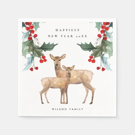 ELEGANT RED GREEN HOLLY BERRY DEER DUO NEW YEY SERVIETTE (Vorderseite)