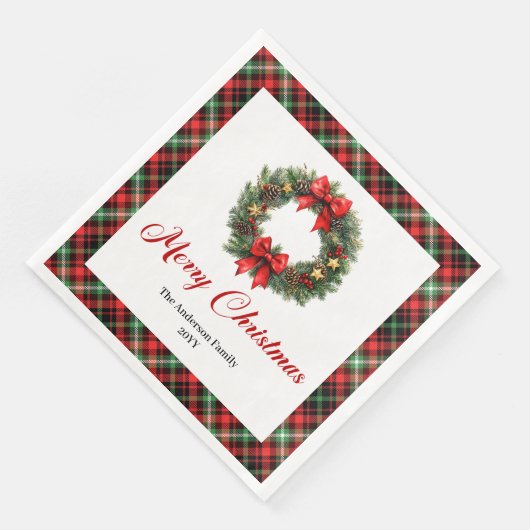 Elegant Red Green Plaid Christmas Wreath Napkins Serviette (Ecke)