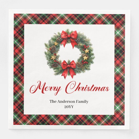 Elegant Red Green Plaid Christmas Wreath Napkins Serviette (Vorderseite)