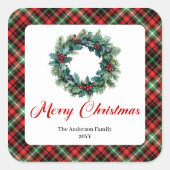Elegant Red Green Plaid Pine Wreath Holiday Labels Quadratischer Aufkleber (Vorderseite)