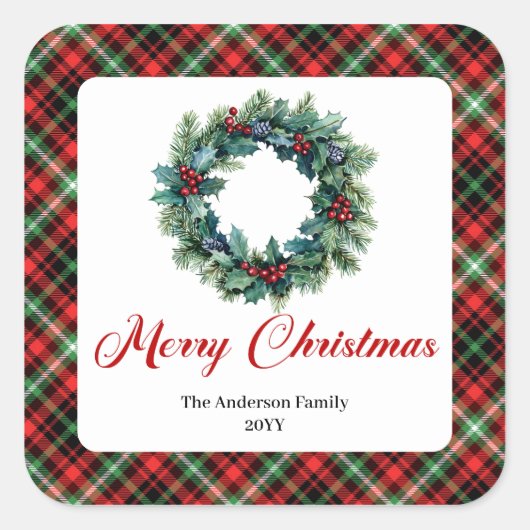Elegant Red Green Plaid Pine Wreath Holiday Labels Quadratischer Aufkleber (Vorderseite)