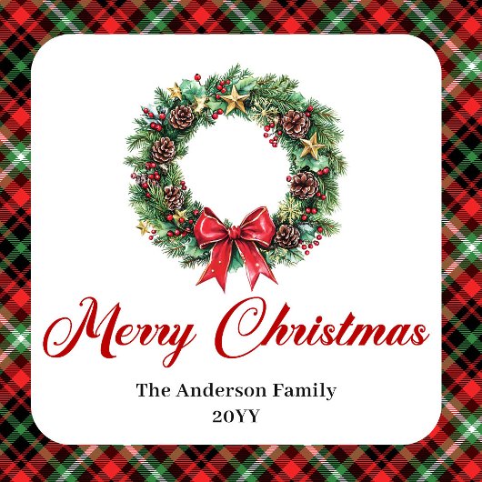Elegant Red Green Plaid Pine Wreath Holiday Labels Quadratischer Aufkleber