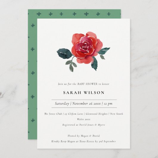 ELEGANT RED GREEN ROSE FLORAL BABY SHOWITE EINLADE DANKESKARTE (Vorne/Hinten)