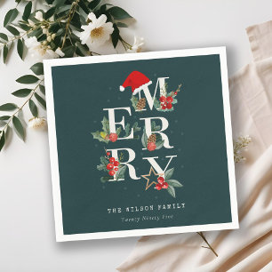 Elegant Red Green White Frohe Weihnachtsfoliage Serviette