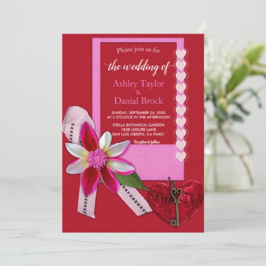 Elegant Red Heart Bow Script Klasse Formal Wedding Einladung (Stehend Vorderseite)