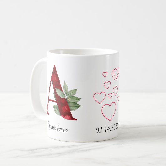 Elegant Red Heart Floral Letter A Initial Mug Kaffeetasse (Vorderseite Links)
