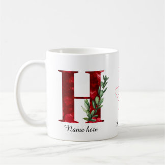 Elegant Red Heart Floral Letter H Initial Coffee  Kaffeetasse