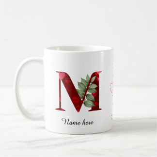 Elegant Red Heart Floral Letter M Initial Mug Kaffeetasse