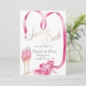 Elegant Red Hearts Champagne Glass Save The Date (Stehend Vorderseite)