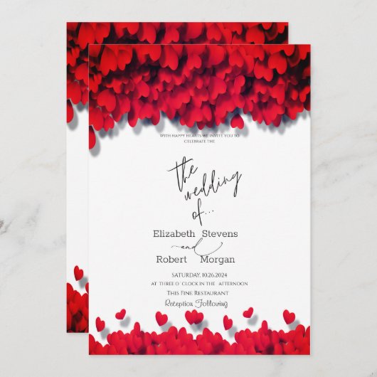 Elegant Red Hearts Wedding Einladung (Vorne/Hinten)